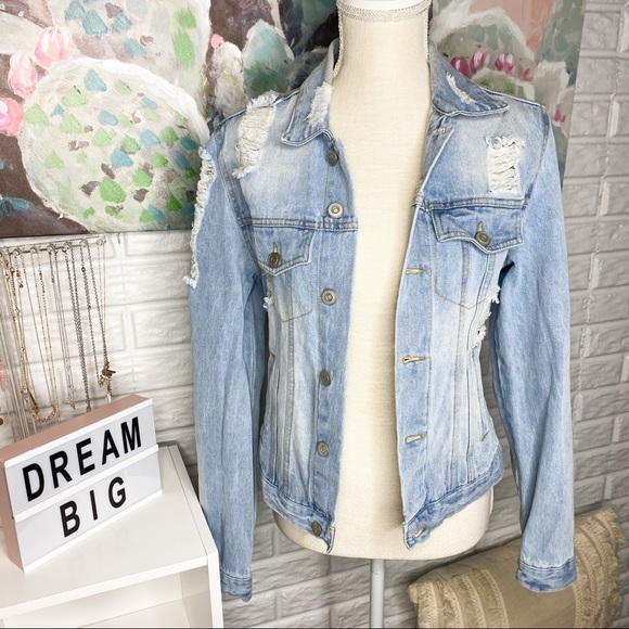 Love Tree Jackets & Blazers - Love Tree Light Wash Distressed Denim Jacket